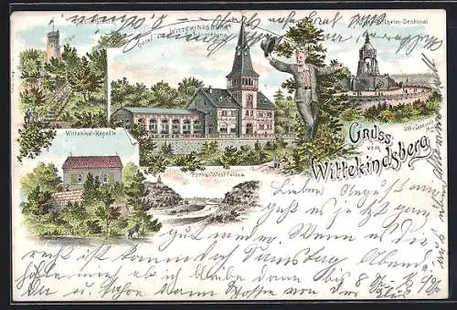 Lithographie Wittekindsberg, Hotel zur Wittekindsburg, Aussichtsturm, Kaiser-Wilhelm-Denkmal