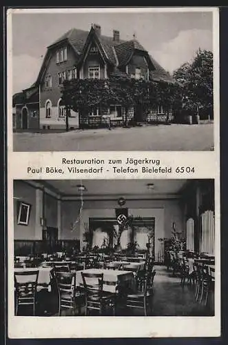 AK Bielefeld-Vilsendorf, Restaurant zu Jägerkrug v. Paul Böke, Gastraum mit 