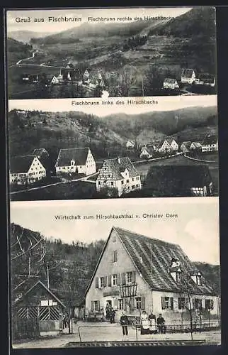 AK Fischbrunn, Wirtschaft zum Hirschbachthal von Christov Dorn, Ortsansicht rechts & links des Hirschbachs