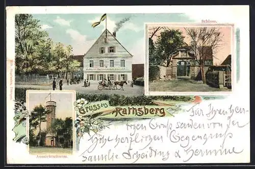 Lithographie Rathsberg, Aussichtsturm, Schloss, Gasthaus & Gartenwirtschaft v. Konrad Stahl