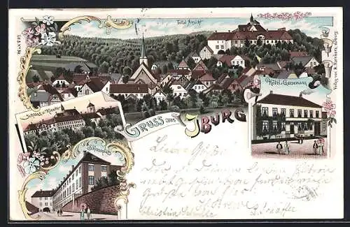 Lithographie Iburg, Hotel Gersemann, Schloss, Kloster, Schlossplatz