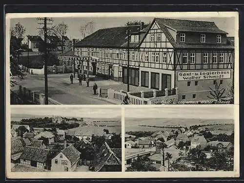 AK Sundhausen / Nordhausen, Das Gasthaus zur Helme v. Walter Schmidt mit Standard-Tankstelle, Ortsansichten