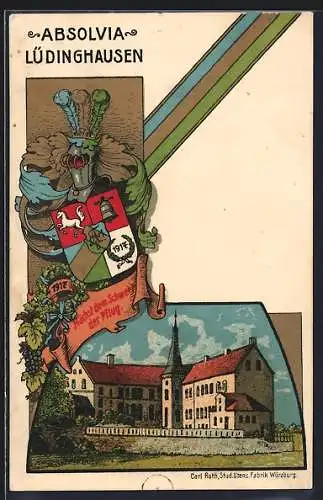 Künstler-AK Lüdinghausen, Absolvia mit Studentenwappen 1917, Nächst dem Schwert, der Pflug