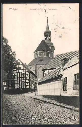 AK Wolgast, Burgstrasse mit St. Petrikirche