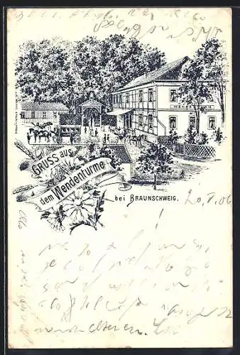 Lithographie Braunschweig, Gasthaus Wendenthurm mit Besuchern