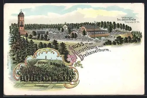 Lithographie Bielefeld, Gasthaus Hünenburg mit Dreikaiserturm, Bes. Julius Grebe