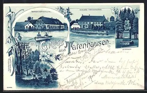 Lithographie Tatenhausen, Gasthof Hoffschulte, Schloss Tatenhausen, Simson, Waldpartie