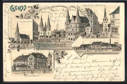 Lithographie Duderstadt, Bahnhof, Spiegelbrücke mit Westerthurm, Ursulinenkloster, Evangelische Kirche