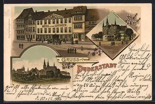 Lithographie Duderstadt, Hotel zum Löwen, Rathaus und Totalansicht