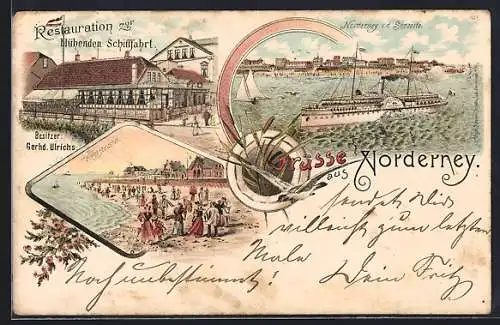 Lithographie Norderney, Restaurant zur blühenden Schifffahrt, Bes. Gerhd. Ulrichs, Blick von der Seeseite