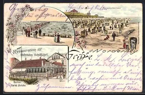 Lithographie Norderney, Restaurant zur blühenden Schiffahrt, Bes. Gerhd. Ulrichs, Strandkorbkolonie, Seesteg