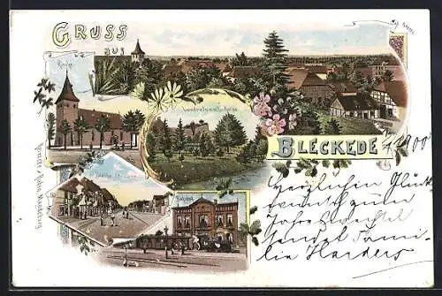 Lithographie Bleckede, Bahnhof, Breite Strasse, Landratsamt und Kirche