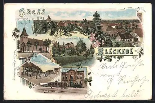 Lithographie Bleckede, Bahnhof, Breite Strasse, Landratsamt und Ruine, Kirche und Totalansicht