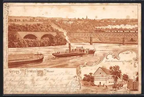 Lithographie Fürstenberg a. Weser, Hotel Fürstenberg, Kues, Flusspartie mit Dampfer und Brücke