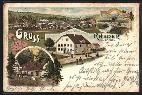 Lithographie Rheder bei Brakel, Restaurant Gockel, Schloss-Mühle, Trompeter-Sprung und Totalansicht