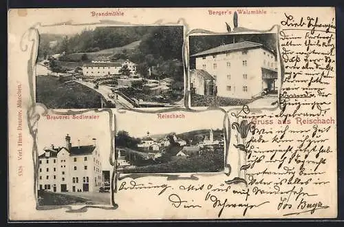 AK Reischach, Brauerei Sedlmaier, Brandmühle, Berger`s Walzmühle, Totalansicht