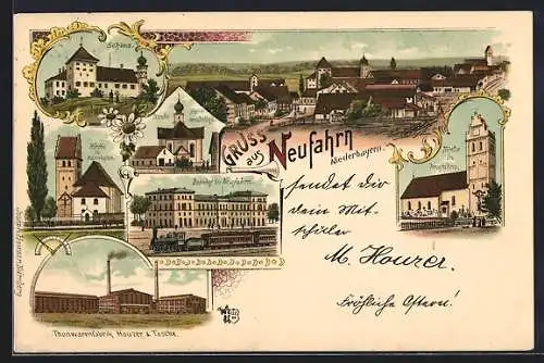 Lithographie Neufahrn /Niederbayern, Tonwarenfabrik Houzer & Tasche, Bahnhof, Schloss, Kirche in Winkelsass