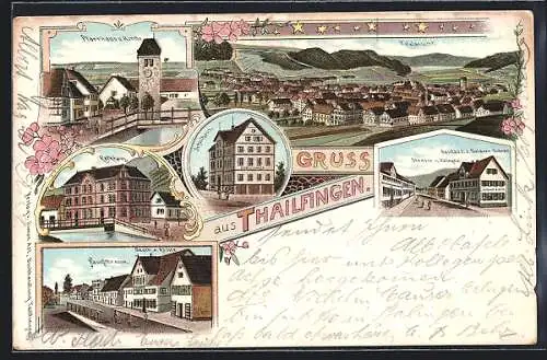 Lithographie Thailfingen / Balingen, Gasthaus zum Goldnen Ochen, Gasthaus z. Rössle, Hauptstrasse, Rathaus, Schulhaus