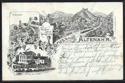 Lithographie Altenahr, Hotel zur Post, Burgruine und Totalansicht