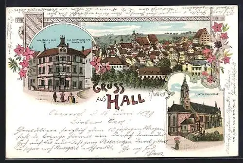 Lithographie Hall i. Württ., Ortsansicht, Weinstube u. Café Vetter, St. Katharina-Kirche