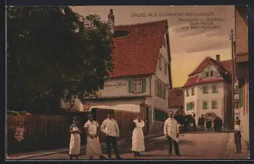 AK Dürrmenz-Mühlacker, Metzgerei und Gasthaus zum Hirsch, Bes. Karl Horlacher