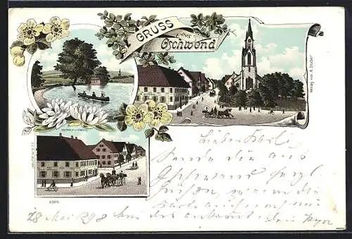 Lithographie Gschwend / Württ., Gasthaus zur Krone, Strassenpartie mit Kirche, Flusspartie