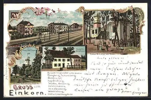 Lithographie Hessenthal / Schwäb. Hall, Bahnhof und Restaurant, Einkorn-Gasthof mit Ruine, Einkorn-Forsthaus