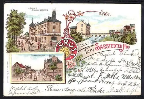 Lithographie Sarstedt, Gasthaus Sarstedter Hof, Inh. Heinrich Borchers, Strassenansicht