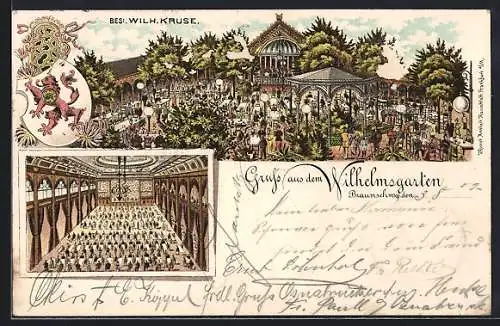 Lithographie Braunschweig, Gasthof WIlhelmsgarten, Bes. Wilh. Kruse, Wappen und Innenansicht