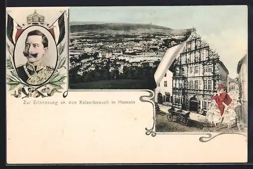 AK Hameln, Kaiserbesuch, Stadtpanorama und Porträt, Festpostkarte