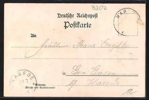 Lithographie Harsum, Krankenhaus, Kriegerdenkmal, Pfarrkirche, Totalansicht