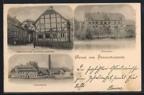 AK Henneckenrode, Gasthaus von Joseph Lieckefett, Zementfabrik und Waisenhaus