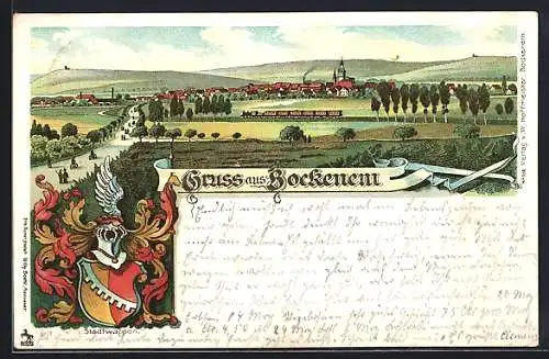 Lithographie Bockenem, Stadtpanorama und Stadtwappen