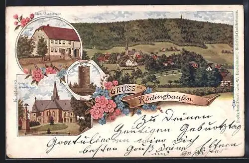 AK Rödinghausen / Westf., Gasthof Sundermeier, Kirche und Kriegerdenkmal, Ortsansicht