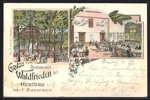 Lithographie Herford, Gasthaus zum Waldfrieden, Saal