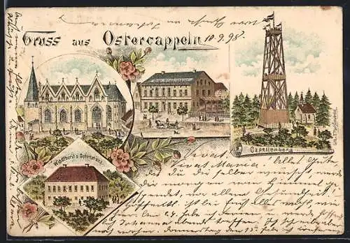 Lithographie Ostercappeln, Hotel Broermann, Windthorst`s Geburtshaus, Capellenberg, Kirche