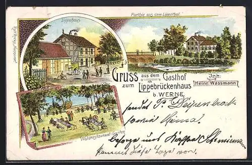 Lithographie Werne / Lippe, Gasthof zum Lippebrückenhaus v. Heinr. Wassmann, mit Gartenwirtschaft, Lippehaus