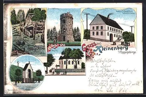 Lithographie Kleinenberg i. Eggegebirge, Gasthof R. Hagelüken, Marienbrunnen, Kapelle, Hirschgrotte