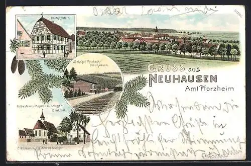 Lithographie Neuhausen /Pforzheim, Bahnhof Monbach-Neuhausen, Postagentur, Sebastians-Kapelle und Krieger-Denkmal