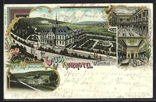 Lithographie Pforzheim, Kurhotel Würmthal, Rückansicht, Restauration und Speisesaal