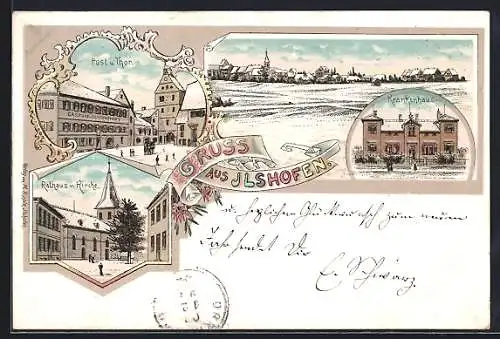 Lithographie Ilshofen, Krankenhaus, Post und Tor, Rathaus und Kirche