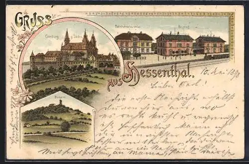 Lithographie Hessenthal / Schwäb. Hall, Bahnhof mit Restaurant, Comburg, Einkorn