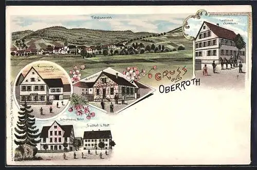 Lithographie Oberroth / Württ., Gasthaus zum Lamm, Warenhaus Stenglin, Molkerei, Schultheiss Weller, Gasthof zur Post