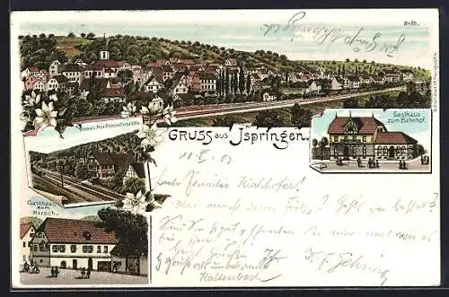 Lithographie Ispringen, Gasthaus zum Hirsch, Gasthaus zum Bahnhof, vormal Max Frommel`sche Villa, Ortsansicht