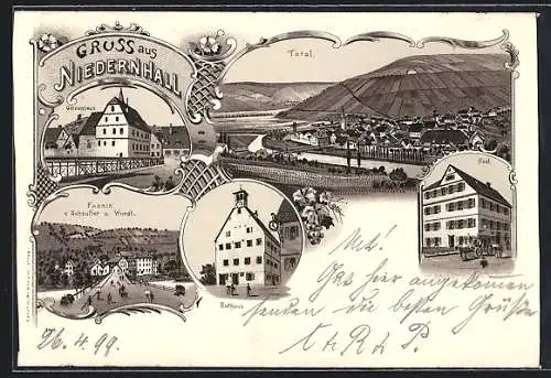 Lithographie Niedernhall, Götzenhaus, Fabrik v. Schaufler u. Wundt, Post