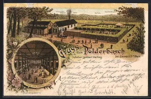 Lithographie Emmerich /Rh., Gasthaus Polderbusch, Gesamtansicht und Saal