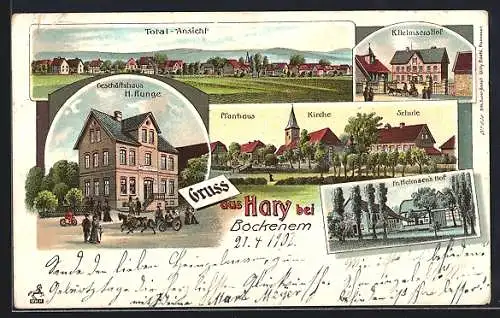 Lithographie Hary bei Bockenem, Geschäftshaus H. Runge, K. und Fr. Helmsen`s Höfe, Pfarrhaus, Kirche, Schule