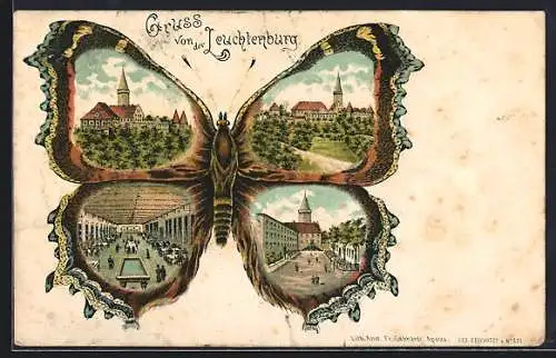 Schmetterling-Lithographie Kahla /Saale, Ansichten von der Leuchtenburg in den Flügeln