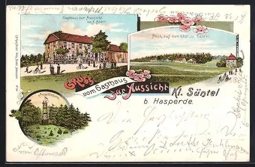 Lithographie Klein Süntel b. Hasperde, Gasthaus zur Aussicht v. H. Meder, Aussichtsturm, Ortsansicht