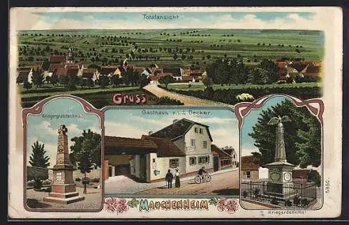 Lithographie Mauchenheim, Ortsansichten mit Kriegergrabdenkmal, Gasthaus Becker und Totalansicht